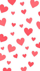 A scattered confetti pattern of hearts in soft red tones on a white background. Ideal for romantic and festive designs.