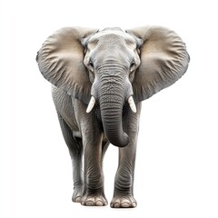 An elephant is seen in a full frontal pose against a stark white background