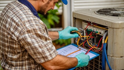 Professional HVAC technician inspecting a residential air conditioning system outdoors, holding tools and clipboard, showcasing maintenance and repair expertise