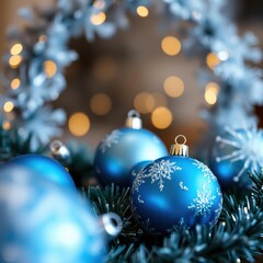 bokeh blue of  Elegant blue and silver christmas ornaments layout  abstract bokeh light background bright   emotional harmonious vignette 