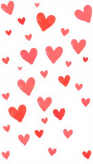 A scattered confetti pattern of hearts in soft red tones on a white background. Ideal for romantic and festive designs.