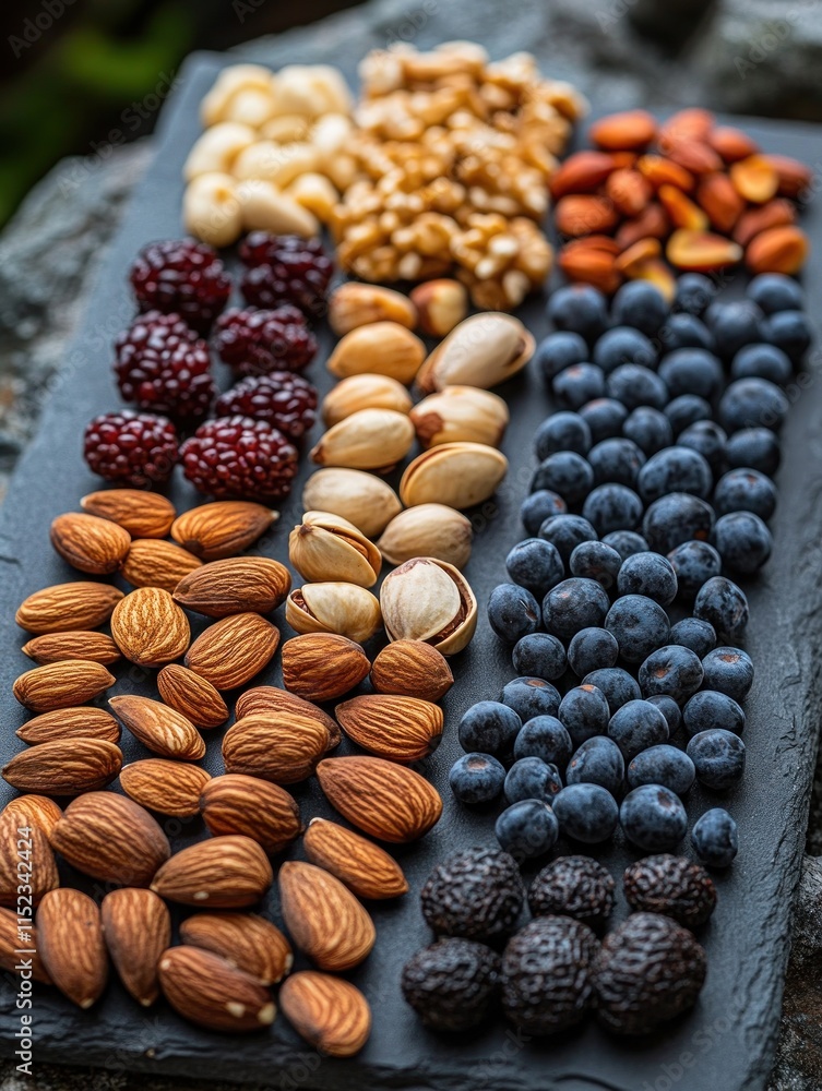 Poster assorted nuts and berries arranged on a dark slate board.