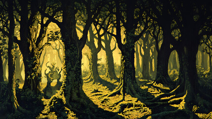 Naklejka premium a dense forest with tall, ancient trees covered in thick moss, the sunlight filtering through the canopy and casting dappled shadows on the forest floor. Dappled. Illustration
