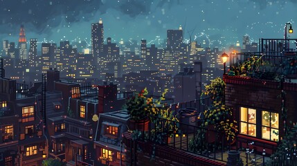 Fototapeta premium City skyline illuminated at night with lively rooftop terrace and city lights