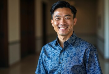 Obraz premium A smiling man wearing a blue and white patterned shirt.