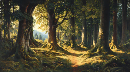 a dense forest with tall, ancient trees covered in thick moss, the sunlight filtering through the canopy and casting dappled shadows on the forest floor. Dappled. Illustration