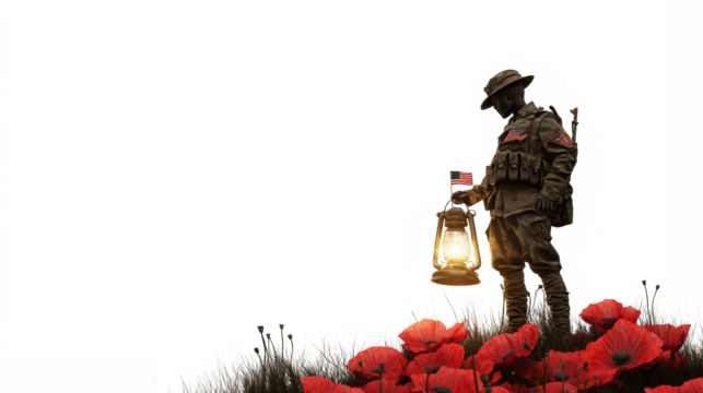 Soldier holding lantern among red poppies in a somber tribute to bravery and sacrifice in a peaceful setting