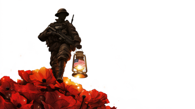 Soldier carrying lantern walks among vibrant red poppies honoring remembrance and sacrifice in a serene backdrop