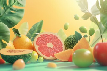 3D composition of summer fruits, including grapefruit, lemon, and melon, surrounded by tropical leaves
