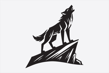 A stylized black and white silhouette of a wolf howling.