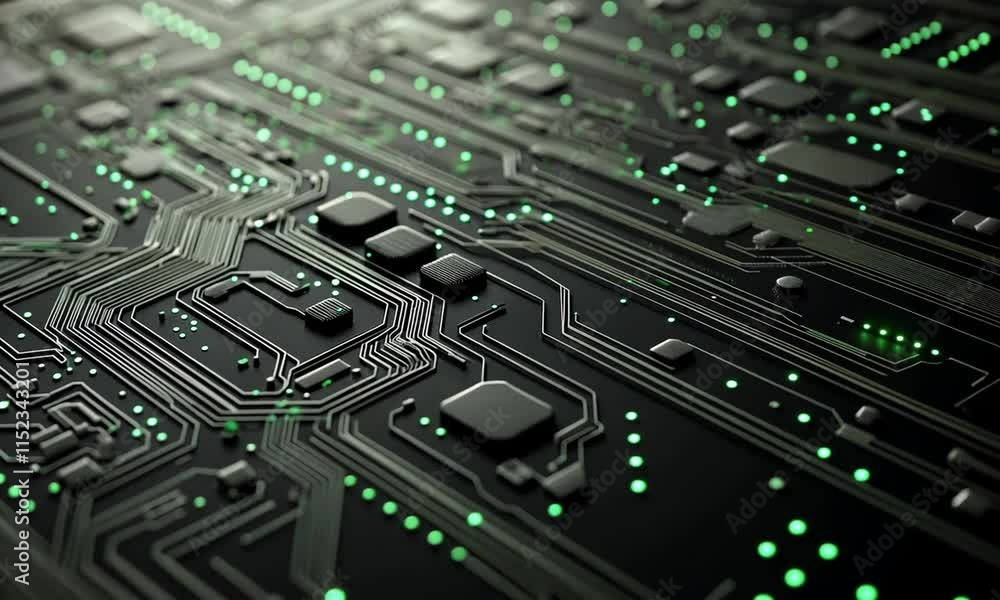Poster closeup view of a circuit board with glowing green connections advanced technology motherboard micro