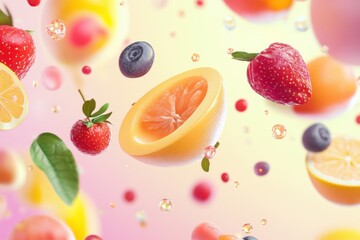 Summer fruits in 3D space on a bright background