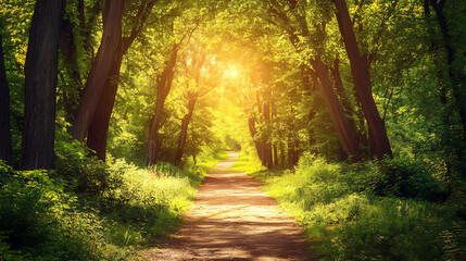 Naklejka premium A lush and serene forest pathway surrounded by towering trees and dappled sunlight, ultra-realistic. Dappled. Illustration