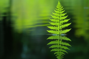 Lush Green Fern Rising from Calm Water Creating a Stunning Reflection That Captures the Serenity of Nature and the Vibrancy of the Outdoors