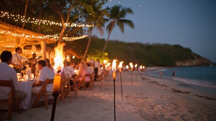 Beach wedding celebration tropical coast reception event evening atmosphere guest interaction joyful moments