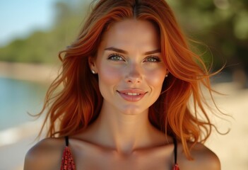 Fototapeta premium A woman with long red hair smiles gently her eyes sparkling.