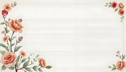 Blank vintage floral lined paper recipe card background for printable digital paper, art stationery and greeting card illustration, masterpiece, with white tones