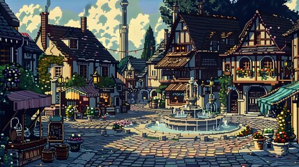 Obraz premium Charming medieval town square with fountain and shops under a cloudy sky
