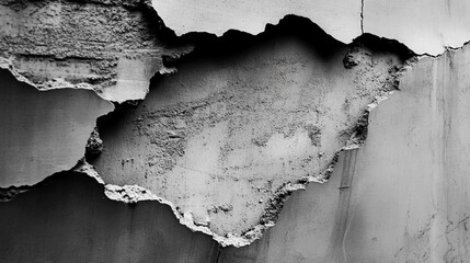 Cracked plaster wall revealing textured surface with peeling layers in a monochrome setting