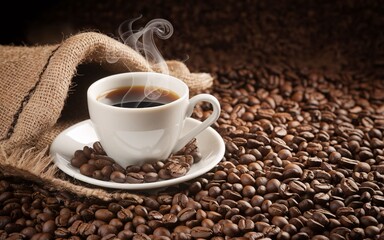 Coffee, Steaming coffee cup on coffee beans.