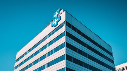  photograph of hospital building with modern logo signage design, clear blue sky 
