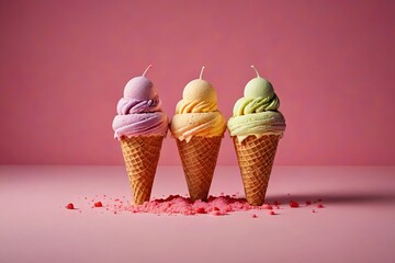 three ice cream cones with different flavors of ice cream in them