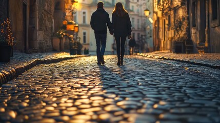 Couple walking hand-in-hand on a cobblestone street at sunset