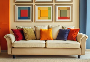 A fall-themed living room with a beige sofa and pillows in deep autumn hues set against a beige wall with