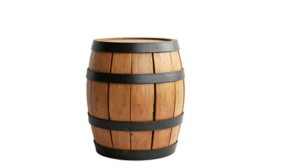 Obraz premium A traditional wooden barrel with metal hoops is set against a black background, highlighting its natural grain and texture, often linked to wine aging.