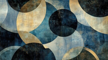 Abstract design featuring overlapping circles in shades of blue, gold, and dark tones.