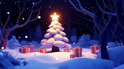 Enchanting Christmas tree on snow under a glowing star, surrounded by gift boxes in a winter forest at night, set in an abstract snowy landscape