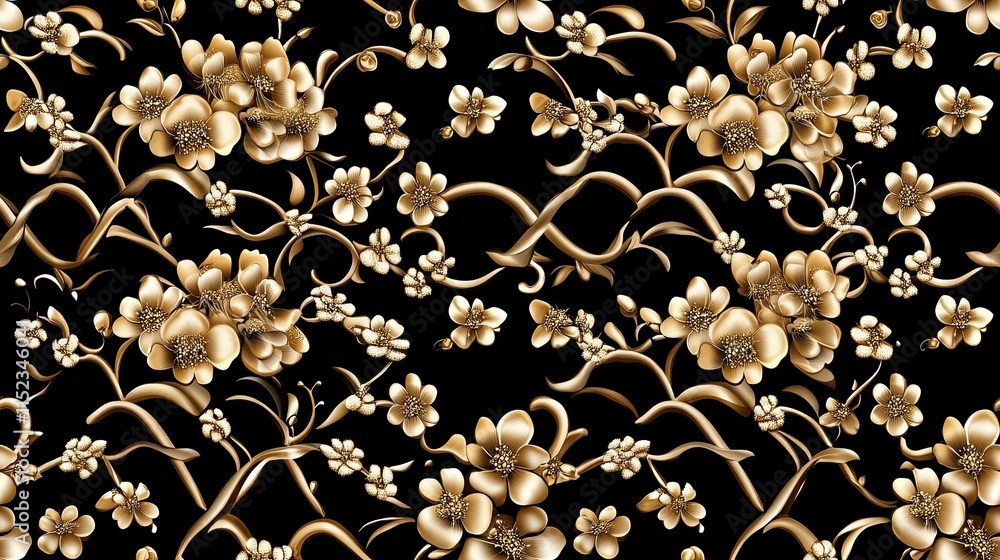 Poster Golden orchids intertwine with black leaves on a dark background, creating a luxurious and elegant seamless pattern perfect for various uses SEAMLESS PATTERN