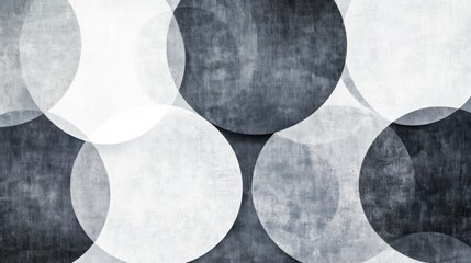 Abstract design featuring overlapping circles in shades of gray and white.