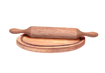 Kitchen wooden utensils watercolor illustration isolated background. Texture brown rolling pin on round cutting board for rolling dough. Isometric view. Cooking design, package decor.