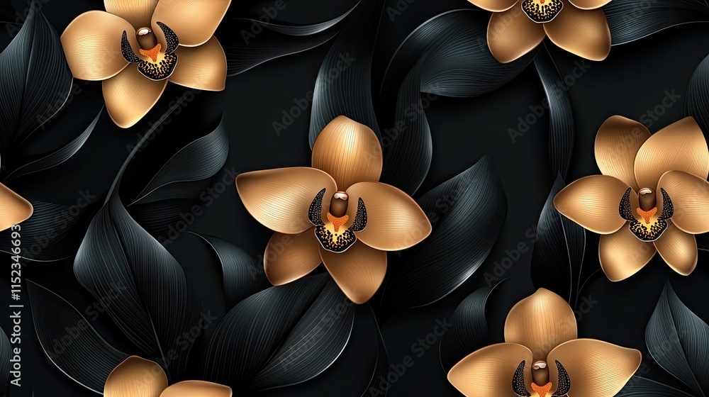 Poster Golden orchids intertwine with black leaves on a dark background, creating a luxurious and elegant seamless pattern perfect for various uses. SEAMLESS PATTERN