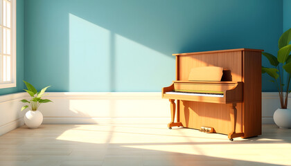 a realistic 3d illustration of a piano in a room with sunlight and plants, mindfulness theme, with white tones