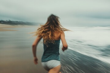 Young caucasian woman running on a misty beach.