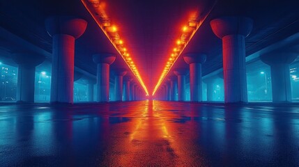 Neon-lit underpass at night, reflecting on wet ground.