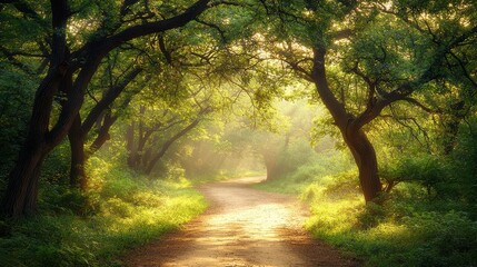 Naklejka premium Tranquil forest pathway serene landscape nature morning light peaceful environment dreamy concept