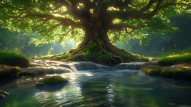 Ancient tree with lush foliage, massive roots, and cascading waterfall.