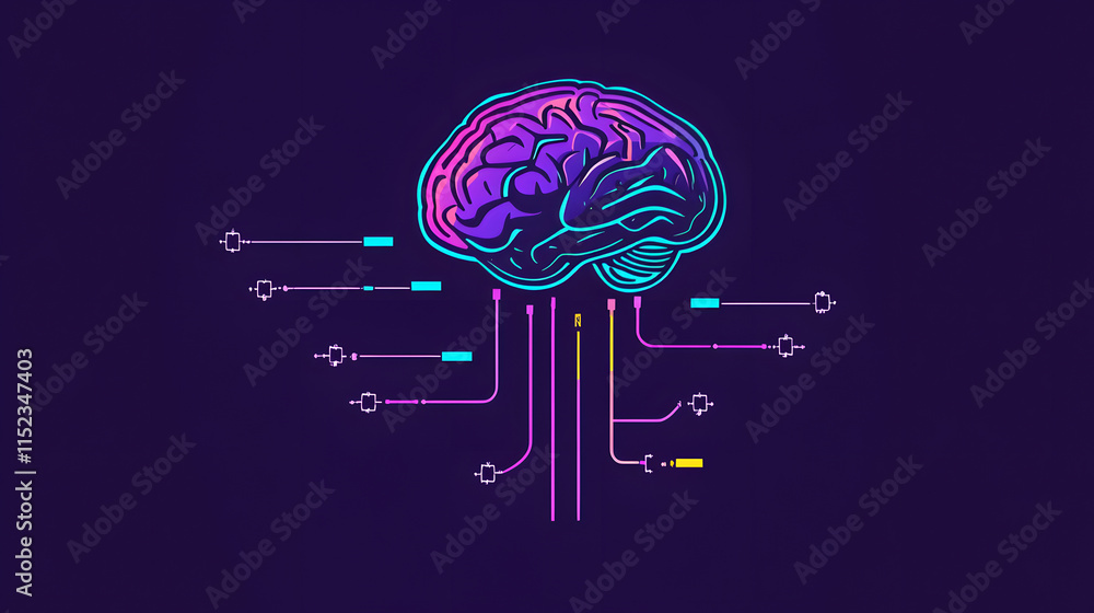Aufkleber stylized illustration of a human brain connected to a network of circuits. neon colors on a dark bac