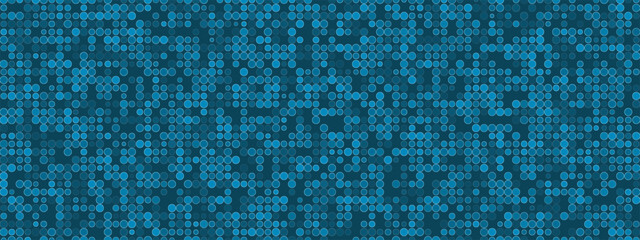 Abstract dot blue texture background. Pattern of round particles, molecules, fragments. Modern futuristic dark comic bg. Halftone web banner. Vector illustration.