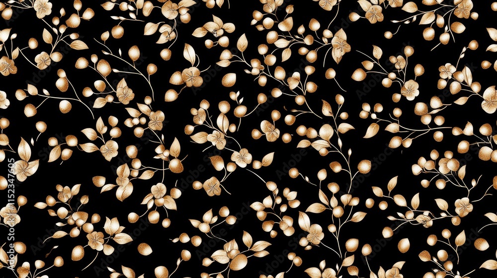 Poster Golden orchids intertwine with black leaves on a dark background, creating a luxurious and elegant seamless pattern perfect for various uses SEAMLESS PATTERN