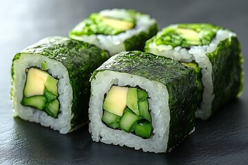 Delicious Avocado Cucumber Sushi Rolls On Black Plate
