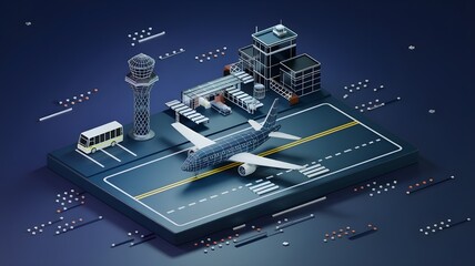 Digital airplane standing on runway, airport buildings, plane taking off, shuttle bus, control tower. Airport low poly wireframe concept in dark blue. Abstract mesh with dots, lines and stars. 