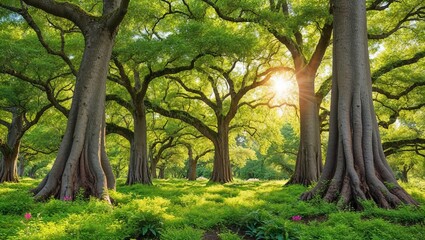 Fototapeta premium Vibrant warm sunlight filters through the trees, casting golden beams across a peaceful forest floor, creating a serene atmosphere filled with natural beauty and tranquil warmth