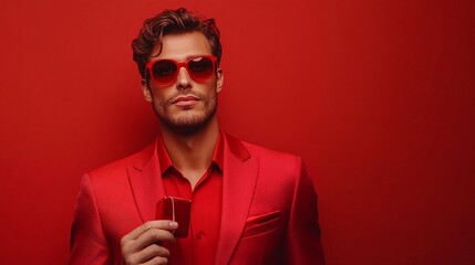 Fototapeta premium A man wearing red sunglasses and holding a red lighter stands out against a plain background.