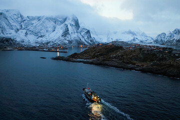 This is a depiction of a Winter Landscape featuring a Boat within a Norwegian Fjord