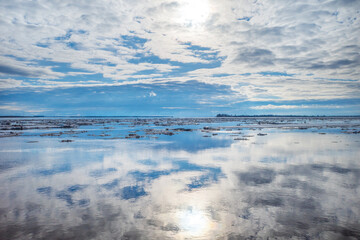 panoramic view of the river with chunks of floating ice