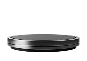 A round, metallic gray podium or stand is isolated on a transparent background.